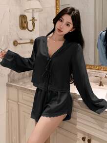 DAZY 2pcs Women Lace Satin Tie-Front Top And Super Shorts Pajama Sleepwear Set, Fall Winter Clothes