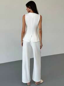 Aloruh New Sleeveless Jacket With Metal Button Decor + Straight-Leg Pants, Suitable For Spring/Summer Office And Resort Wear - White - View 3