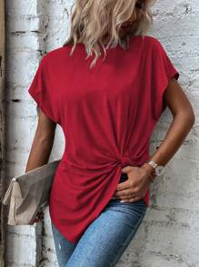 SHEIN LUNE Camiseta casual de verano de unicolor, cuello redondo, manga corta murciélago, con efecto torsión - Rojo - Ver 3