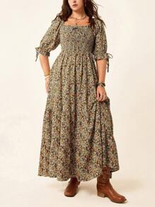 SHEIN LUNE Plus Size Women's Slouchy Casual Style Beach Vacation Outfit Fourth Of July Women Chic Retro Square Neck Romantic Cozy Fit Floral Multi-Layered Chillax Dress For The Holidays Bohemian Dress Teacher Outfits For Women Graduation Dresses For Women - Multicolor - View 4