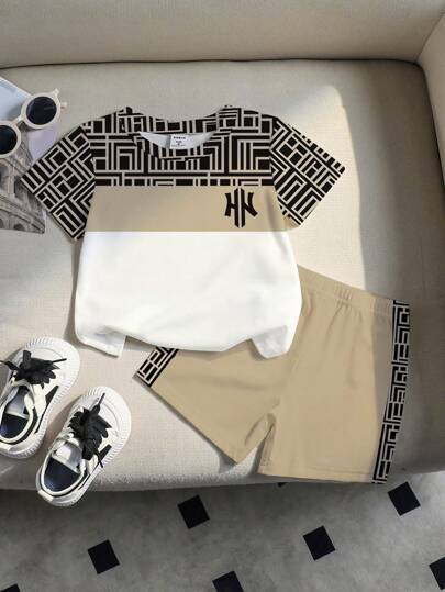 SHEIN Playful Pals 男童格子拼接圆领短袖T恤和短裤棕色休闲装，夏季套装男童两件套男童套装