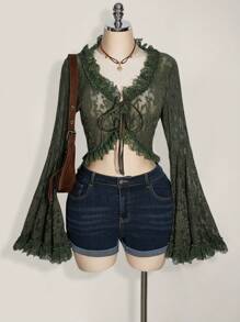 SHEIN ICON 加大码军绿色喇叭袖口蕾丝拼接前系带蝴蝶结 V 领毛衣上衣，适合暑假、毕业季、返校季、音乐节、波西米亚风