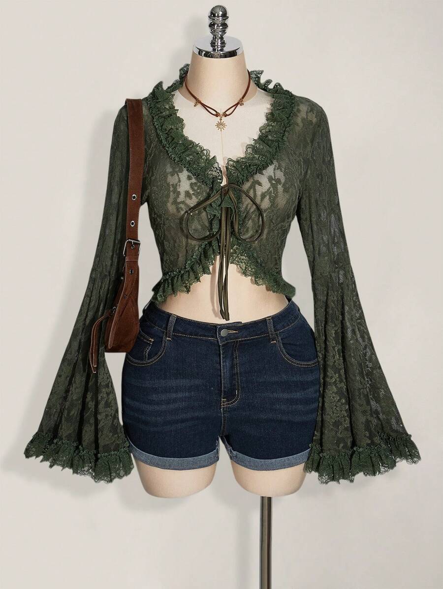 SHEIN ICON 加大码军绿色喇叭袖口蕾丝拼接前系带蝴蝶结 V 领毛衣上衣，适合暑假、毕业季、返校季、音乐节、波西米亚风