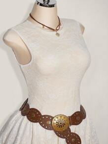 SHEIN ICON 加大码无袖圆领修身分层蕾丝蛋糕裙，波西米亚风，波西米亚时尚，Y2K风格 - 白色 - 查看 7