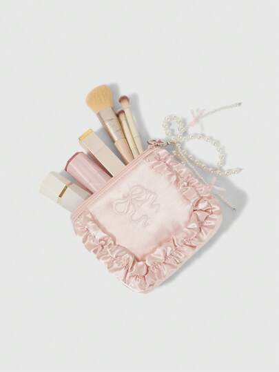 Kawaii 1pc Multi-Compartment Unique Design Embroidered Bow & Faux Pearl Decor Lace Edged Zipper Pink Makeup Bag, Sanitary Pad, Coin Purse, Can Hold Tissues - Gift For Mother