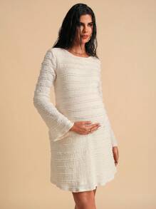 MaterniChic 孕妇纯色圆领修身优雅长袖连衣裙 - 白色 - 查看 7