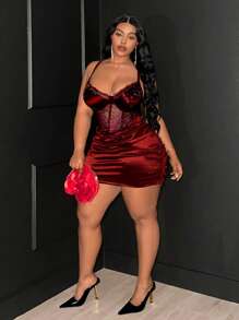 Maweii 大码女装春夏新年红色蕾丝性感镂空系带前卫法式休闲年轻时尚弹力针织百搭舒适打底连衣裙，性感社交假日装扮，红色连体衣，正式红色连衣裙，年轻优雅性感拼接性感女式上衣，性感假日装扮，社交红色上衣，红色连体裤，红色连体衣，修身透视露肩纯色打底衫 - 紅色 - 查看 3