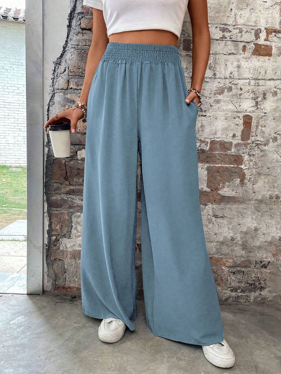 SHEIN LUNE Pantalones de mujer de unicolor, de moda, adecuados para el verano - Celeste - Ver 1