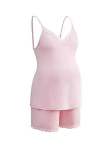 BloomMama 孕妇蕾丝睡衣套装两件装，家居服时尚睡衣 - 粉色 - 查看 2