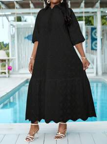 SHEIN Lady Plus Size Women Floral Embroidery Ruffle Hem Casual Vacation Dress,Summer Dresses For Women - Black - View 3