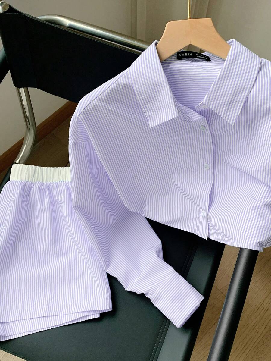 Comfortcana Lavender Woven Women's Striped Print Button Front Short Sleeve Top & Shorts Casual Matching Set - Mauve Purple - View 1