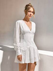 CLARA VERO Robe courte élégante pour femmes, manches bouffantes, unie, avec broderie - Blanc - Voir 6