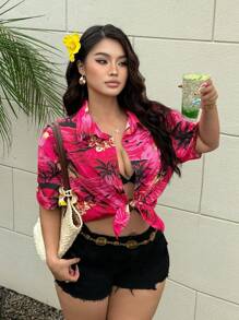 POPSWAY Áo sơ mi trễ vai rộng rãi in họa tiết nhiệt đới cỡ lớn cho nữ, kỳ nghỉ hè - Nhiều màu - Xem 5