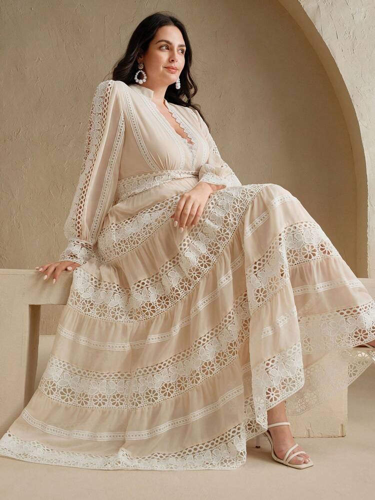 Plus Size French Elegant Palace Hollow Lace Patchwork Floral Maxi Dress, Romantic Style, Suitable For Spring, Festival, Holiday