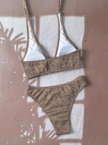 Swim Chiccia Conjunto de bikini jacquard de playa de unicolor para mujer, vacaciones - Caqui - Ver 3