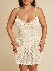 SHEIN BAE Vestido de punto sin mangas con decoración floral 3D para mujer de talla grande, vestidos para mujer, ropa de San Valentín, atuendos de vacaciones, atuendos de verano para mujer, vestidos blancos de verano para mujer, vestidos de verano para mujer, atuendos de playa para mujer, ropa occidental para mujer, atuendos de cumpleaños para mujer - Albaricoque - Ver 7