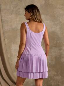 Flirla Plus Size Square Neck Multilayer Hem Pleated Romantic Sleeveless Strap Dress - Pink - View 2