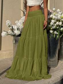 MainGRL Women's Solid Color Ruffle Hem Casual Vacation Skirt - Army Green - View 5