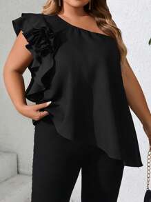 SHEIN CURVE+ 大码女装春夏时尚优雅舒适立体花朵不对称下摆黑色上衣外出上衣