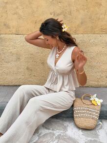 Serisse 2 件套女士优雅深 V 领无袖修身上衣和长裤套装 - 杏色 - 查看 5