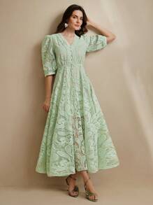 Anewsta Mùa xuân, mùa hè, thanh lịch, kỳ nghỉ, đêm hẹn hò, bãi biển váy dài vải lưới thêu eo bán trong suốt cổ chữ V cho nữ - màu xanh lá - Xem 6