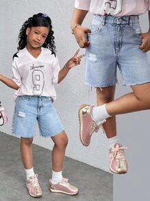 Shorts vaqueros azules desgastados de estilo casual de verano para niña joven - Lavado ligero - Ver 1