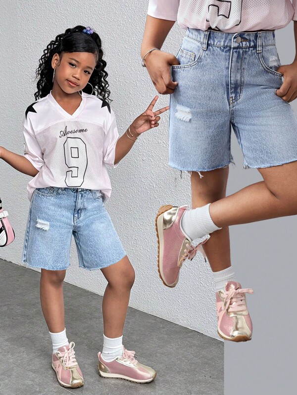 SHEIN Tween-Mädchen Lässige blaue zerrissene Denim-Shorts im Y2k-Stil, Kleidung, Kostüm, Alltagskleidung und Sommer- und Frühlingskleidung