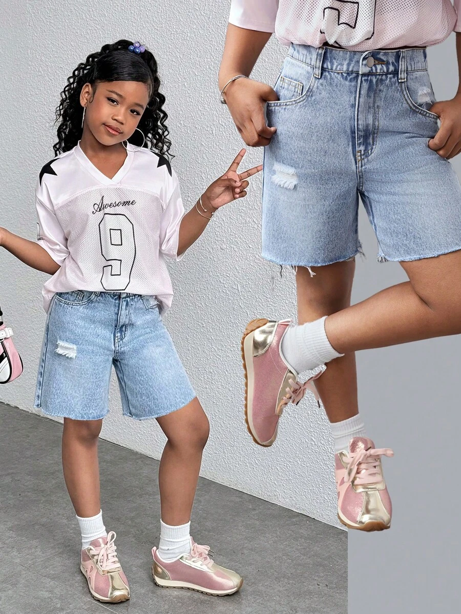 Shorts vaqueros azules desgastados de estilo casual de verano para niña joven - Lavado ligero - Ver 1