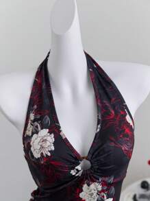 Elamini 女式夏季度假花卉印花O形环褶饰胸前露背吊带短款上衣