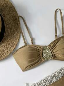 SHEIN 夏季新款闪亮面料可拆卸肩带金色配饰系带比基尼套装 - 咖啡棕 - 查看 8