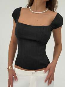 Aloruh Top corto sexy con cuello cuadrado y escote ultra bajo, camisa con botones estilo clubwear, top de cuello cuadrado