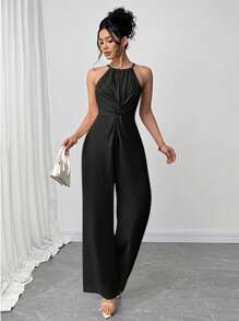 Firerie Women's Solid Color Waist Crisscross Wide Leg Jumpsuit - Black - View 8