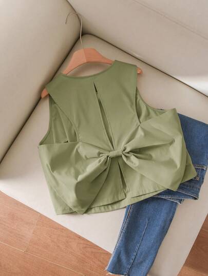 CosyJoli 加大码杏色蝴蝶结镂空露背上衣，休闲简约，适合夏季穿着