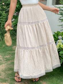 Dazy Plus 大码弹力腰带撞色蕾丝宽松A字裙度假装 - 杏色 - 查看 5