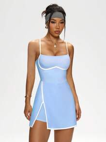 Easithlete Vestido deportivo informal con camisola de contraste y abertura - Celeste - Ver 5