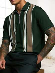Manfinity Dauomo Men's Fashion Business Vertical Striped Contrast Color Zip-Up Polo Shirt - Multicolor - View 4