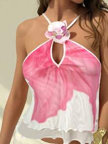 Aloruh 女士印花3D花朵装饰时尚吊带上衣，适合度假穿着