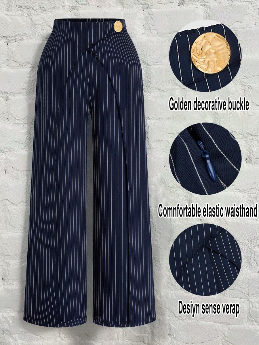 Rometta Plus Size Women Striped Elastic Waist Loose Straight Leg Trousers With Metal Buckle Decoration, Casual And Versatile Design Suitable For Daily, Work And Multiple Occasions Fall Cloth For Women