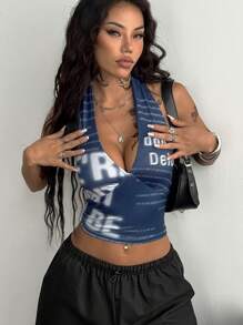 Coolane Women's Summer Concert Rave Going Out Streetwear Y2K Graphics Blue Halter Tank Top - Blue - View 1