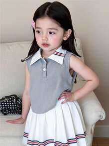 SHEIN Young Girls Polo Collar ärmlös topp + veckad minikjol 2 delar set, sommar - Grå - Visa 1