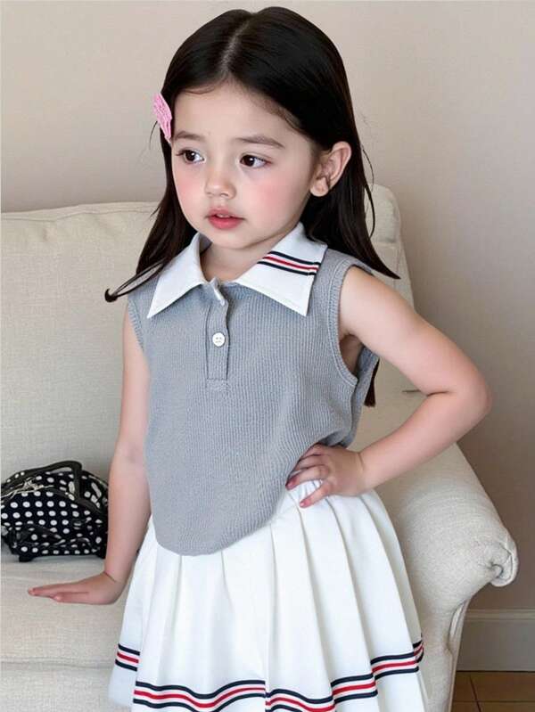 SHEIN 女童马球领无袖上衣 + 百褶迷你裙 2 件套，夏季