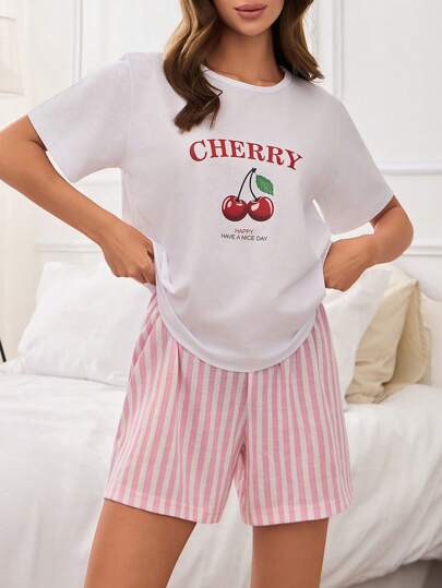 EURMUSE 2 Stücke Damen Baumwoll-Pyjama-Set mit Liniendruck und bedruckter Kirsche, Oberteil und Shorts für Zuhause