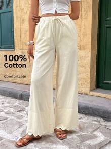 SHEIN Frenchy Quần vải lanh rộng rãi màu trơn đơn giản cho nữ - Màu be - Xem 6