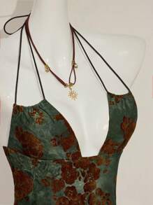 SHEIN ICON Women's Retro Green Flocked Jacquard Criss-Cross Backless Sexy Camisole - Green - View 1