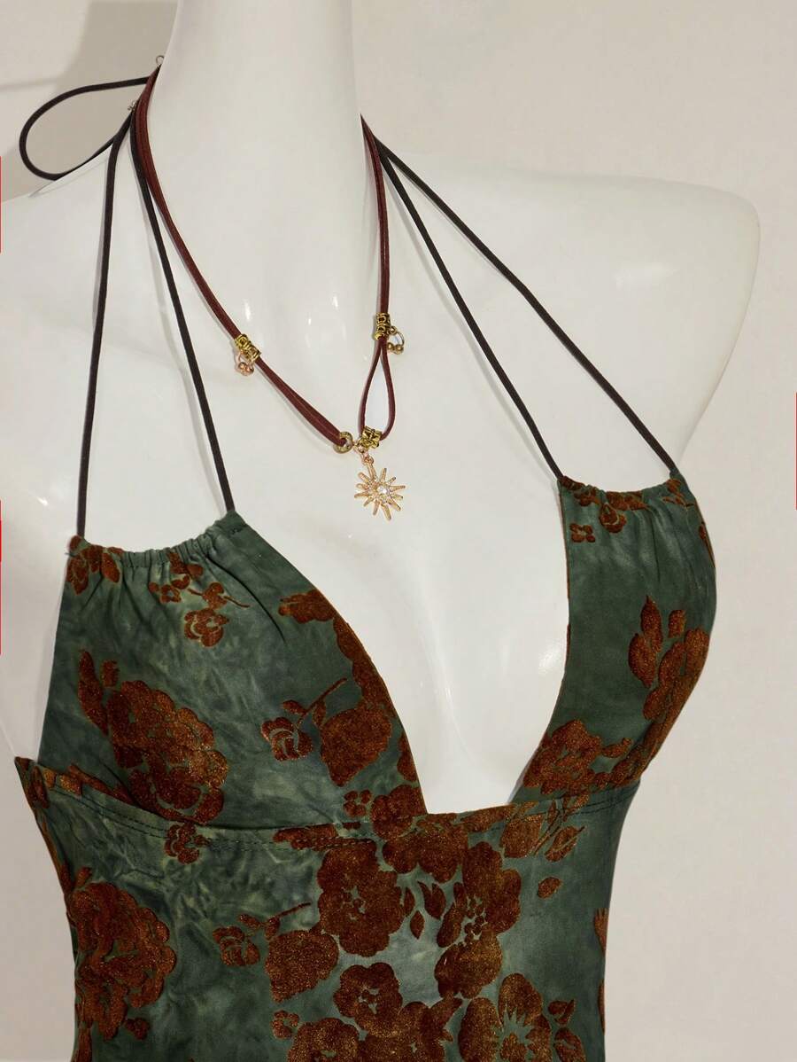 SHEIN ICON Women's Retro Green Flocked Jacquard Criss-Cross Backless Sexy Camisole - Green - View 1