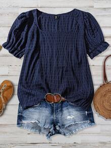 SHEIN VCAY Plus Size Women Summer Casual Textured Fabric Puff Sleeve Square Neck Blouse