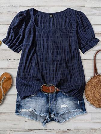 SHEIN CURVE+ 大码夏季佩斯利印花圆领衬衫，Curve Plus，波西米亚风女士度假海滩装/沙滩裙/海滩度假装/海滩必备品/毕业/茶会礼服海军蓝上衣泡泡袖上衣深蓝色上衣夏季上衣大码夏季上衣/秋冬