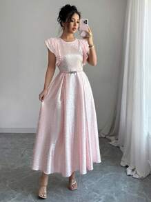 Elenzga Vestido de vacaciones de talla estándar para mujer, de cintura ajustada, con mangas acampanadas y volantes, de unicolor, elegante y de longitud media - Rosa - Ver 1