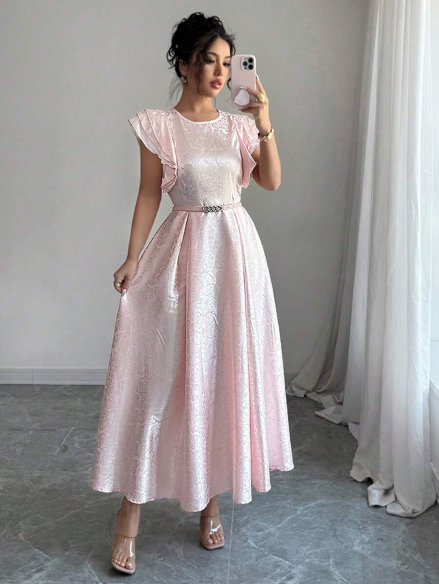 Elenzga Vestido de vacaciones de talla estándar para mujer, de cintura ajustada, con mangas acampanadas y volantes, de unicolor, elegante y de longitud media - Rosa - Ver 1