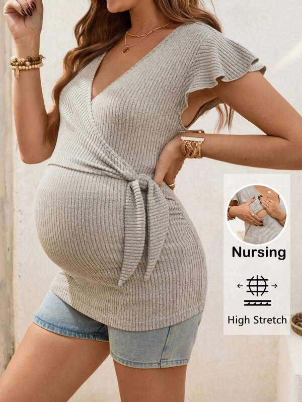 SHEIN Lässiges BOHO Sommer Umstand Wickel-Stillshirt mit Schleife